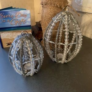 POTTERY BARN, NEW Beaded Egg Candleholders. 1 Small, 1 Large. Sold as set of 2.